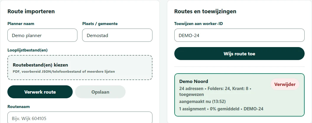 Actual NVGTR admin interface showing a prepared demo route and its worker assignment.